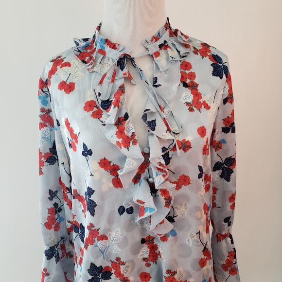 Zara Keyhole Neck Ruffle Trim Blouse Blue Floral Long Sleeve XS - Picture 4 of 10